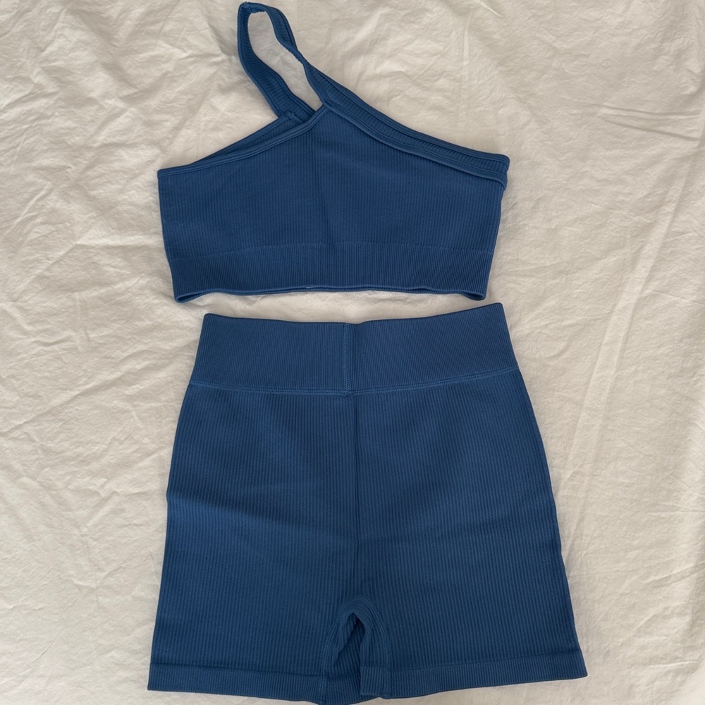 Blue One-Shoulder workout Top and Shorts Set